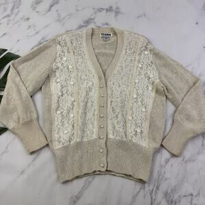 Tiano Womens Vintage 90s Cardigan Sweater Size M Cream Lace Floral Cottage